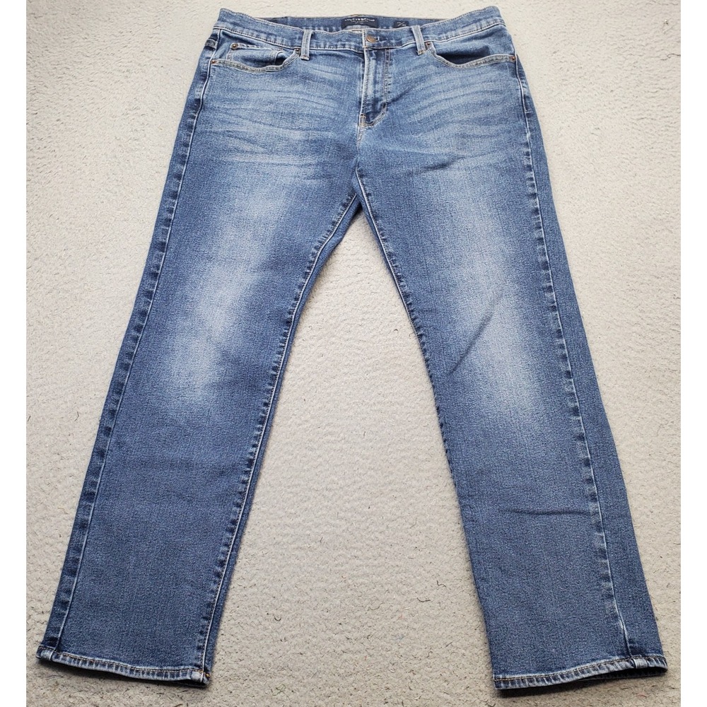 Lucky Brand 221 Straight Jeans Mens 36x30 Blue Denim Whiskered Faded Stretch